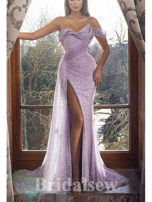 Mermaid Spaghetti Straps Sequin Sparkly Glitter Slit Fashion Evening Long Prom Dresses PD1144