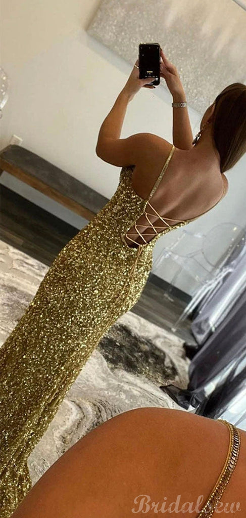 Mermaid Spaghetti Straps Sparkly Sequin Party Long Prom Dresses, Evening Dress PD368