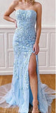 Mermaid Strapless Sky Blue Lace Prom Dresses with High Split PD022