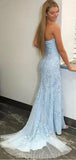 Mermaid Strapless Sky Blue Lace Prom Dresses with High Split PD022