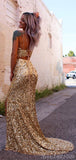 Mermaid Two Pieces Gold Sequin Side Slit Modest Party Long Prom Dresses PD366