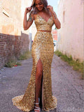 Mermaid Two Pieces Gold Sequin Side Slit Modest Party Long Prom Dresses PD366