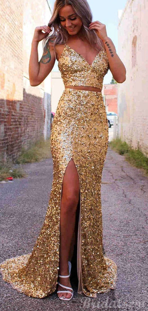 Mermaid Two Pieces Gold Sequin Side Slit Modest Party Long Prom Dresse bridalsew Mermaid Two Pieces Gold Sequin Side Slit Modest Party Long Prom Dresse bridalsew