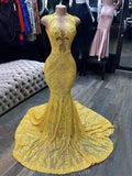Mermaid Yellow Lace Gorgeous Unique Black Girls Sleeveless Women Long Prom Dresses PD404