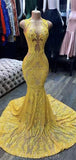 Mermaid Yellow Lace Gorgeous Unique Black Girls Sleeveless Women Long Prom Dresses PD404