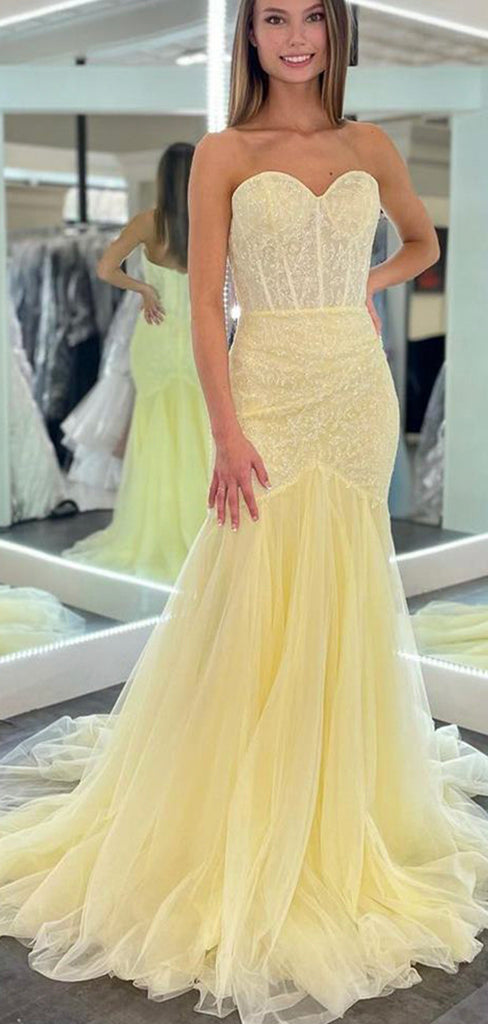 Mermaid Yellow Strapless Elegant Modest Formal Long Evening Prom