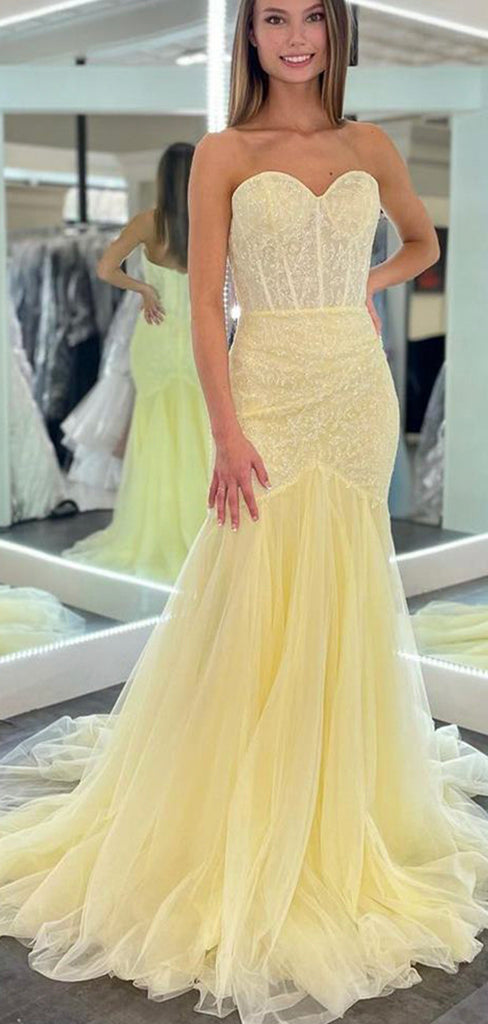 Mermaid Yellow Strapless Elegant Modest Formal Long Evening Prom Dresses PD289