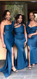 Mismatched Navy Blue Mermaid Unique New Satin Plus Size Modest Long Formal Bridesmaid Dresses BD203