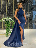 Navy Blue Satin Mermaid High Neck Modest Party Women Long Evening Prom Dresses PD648