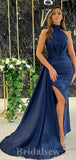 Navy Blue Satin Mermaid High Neck Modest Party Women Long Evening Prom Dresses PD648