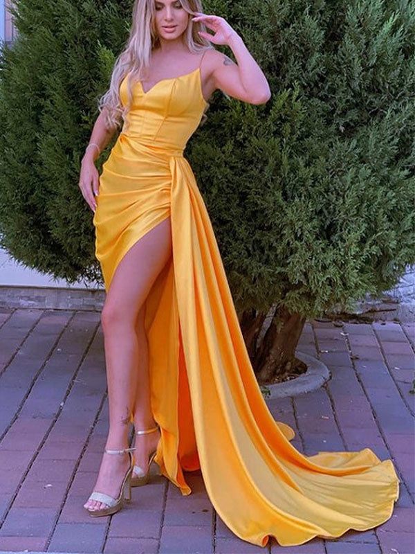 New Arrival Mermaid Yellow Spaghetti Straps Formal Fashion Evening Long Prom Dresses PD334
