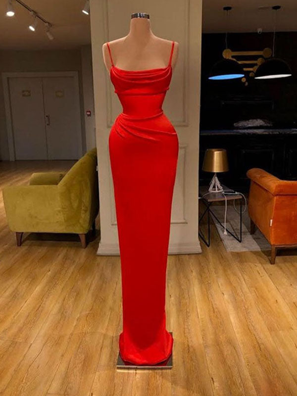 New Arrival Red Mermaid Spaghetti Straps Simple Modest Long Prom Dresses PD155