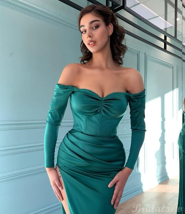Newest Mermaid Long Sleeves Side Slit Evening Formal Long Prom Dresses PD254