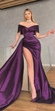 Off Shoulder Mermaid Purple Satin Long Party Prom Dresses with Slit PD185