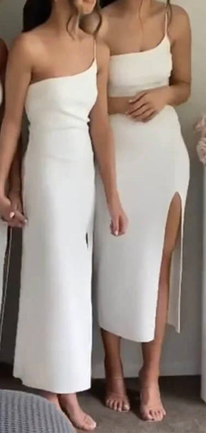 Off White One Shoulder Slit Simple Custom Elegant Long Simple Bridesmaid Dresses BD222
