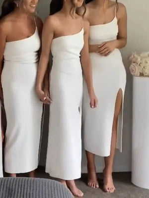 Off White One Shoulder Slit Simple Custom Elegant Long Simple Bridesmaid Dresses BD222