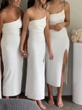 Off White One Shoulder Slit Simple Custom Elegant Long Simple Bridesmaid Dresses BD222