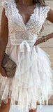 Off White V-Neck Lace Lovely Short Prom Dresses, A-line Fairy Princess Homecoming Dresses, HD023