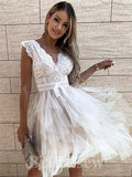 Off White V-Neck Lace Lovely Short Prom Dresses, A-line Fairy Princess Homecoming Dresses, HD023