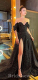 Off the Shoulder A-line Black Glitter Tulle Modest Princess Long Women Evening Prom Dresses PD737