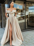 Off the Shoulder A-line Satin Stylish Elegant Formal Fashion Evening Long Prom Dresses PD337