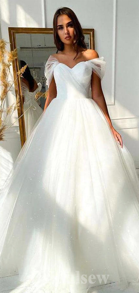 Off the Shoulder A-line Sparkly Sequin Stunning Beach Vintage Long Wedding Dresses, Bridal Gown WD355