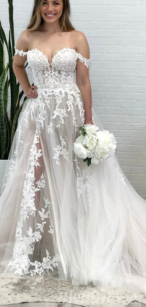 Off the Shoulder Elegant Lace Popular Vintage Romantic Beach Long Wedding Dresses WD231