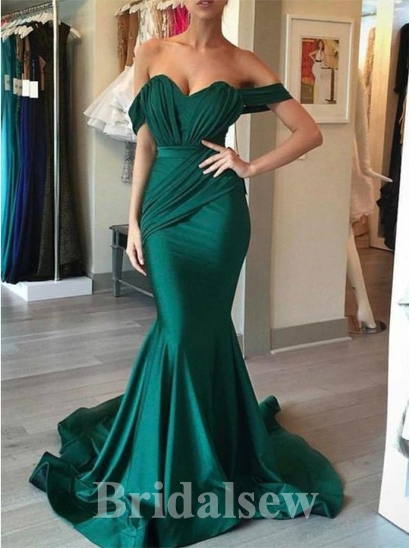 Off the Shoulder Satin Mermaid Green Popular Formal Party Long Evening Prom Dresses PD1077