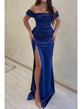 Off the Shoulder Slit Mermaid Satin Elegant Formal Black Girls Slay Evening Long Prom Dresses PD544