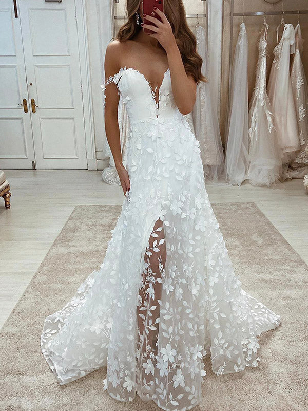Off the Shoulder Unique Design A-line Vintage Modest Beach Long Wedding Dresses WD250