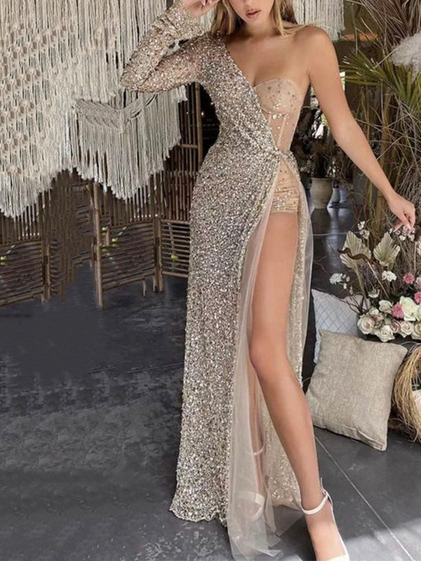 One Shoulder Custom Sparkly Sequin Strapless Long Evening Party Prom Dresses PD218