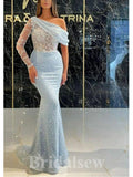 One Shoulder Light Blue Mermaid Sequin Sparkly Formal Party Long Evening Prom Dresses PD1068