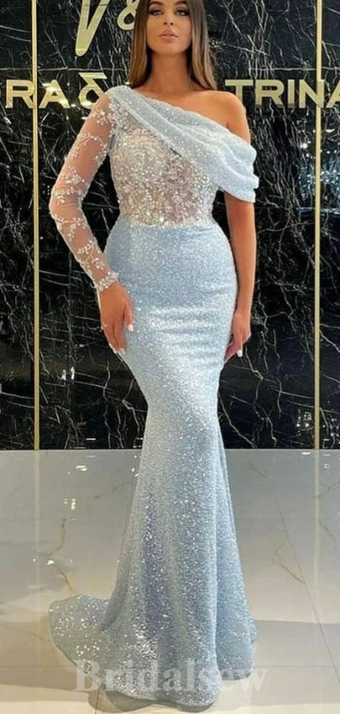 One Shoulder Light Blue Mermaid Sequin Sparkly Formal Party Long Evening Prom Dresses PD1068