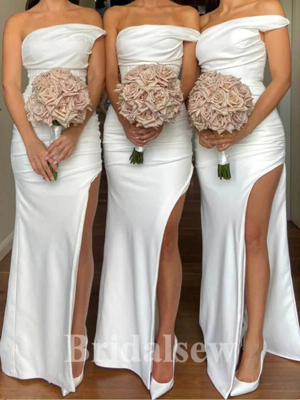 One Shoulder Off White High Slit Elegant Long Formal Bridesmaid Dresses BD184