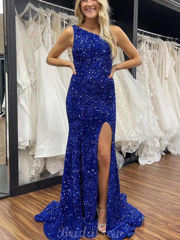 One Shoulder Royal Blue Sequin Sparkly Mermaid Elegant Formal Long