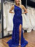 One Shoulder Royal Blue Sequin Sparkly Mermaid Elegant Formal Long Prom Dresses, Evening Dress PD417