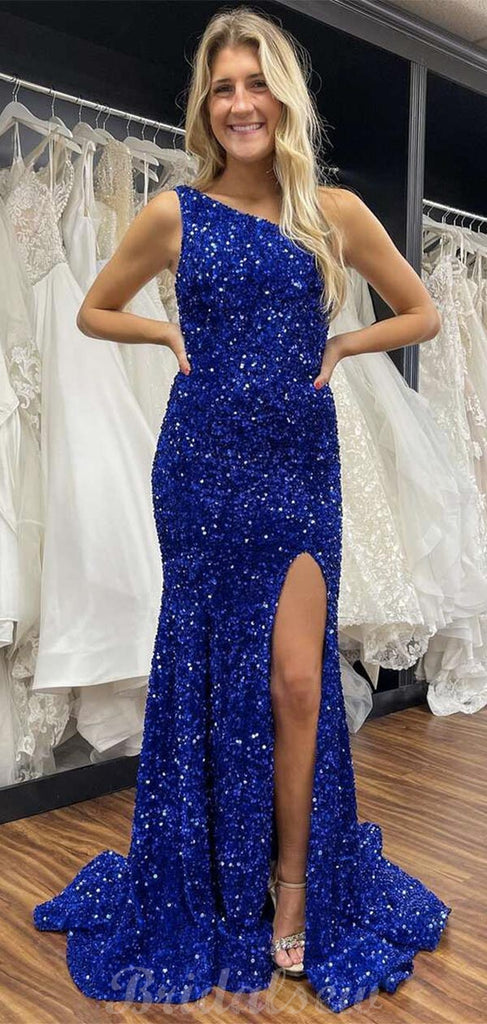 One Shoulder Royal Blue Sequin Sparkly Mermaid Elegant Formal Long