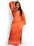 Orange Burnt Long Sleeves Stylish Plus Size Bridesmaid Dresses, Long Mermaid Party Evening Prom Dresses PD924