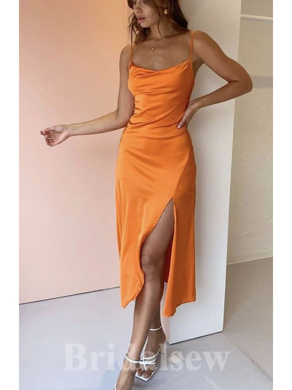 Orange Mermaid Simple Spaghetti Straps New Long Evening Prom Dresses, Formal Bridesmaid Dresses  PD1086