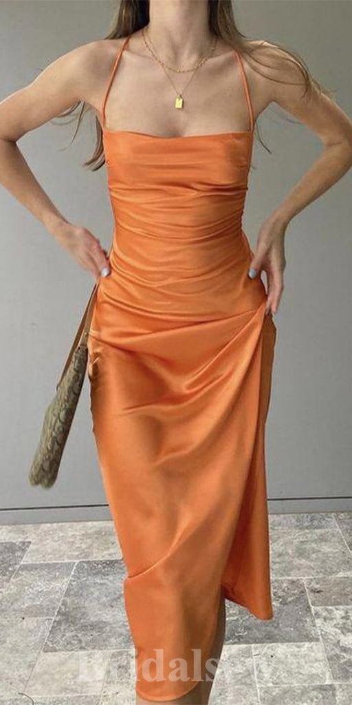 Orange New Mermaid Simple Spaghetti Straps Custom Long Prom Dresses, Formal Bridesmaid Dresses  PD1087