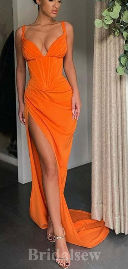 Orange Unique Sexy High Slit Mermaid Formal Party Long Evening Prom Dresses PD1071