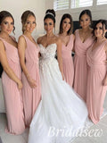Pink Unique V-Neck Elegant Long Bridesmaid Dresses BD064