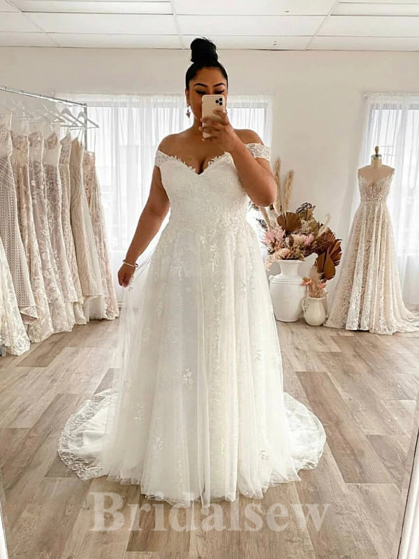 Plus Size A line Off the Shoulder V Neck Country Beach Vintage Long We bridalsew