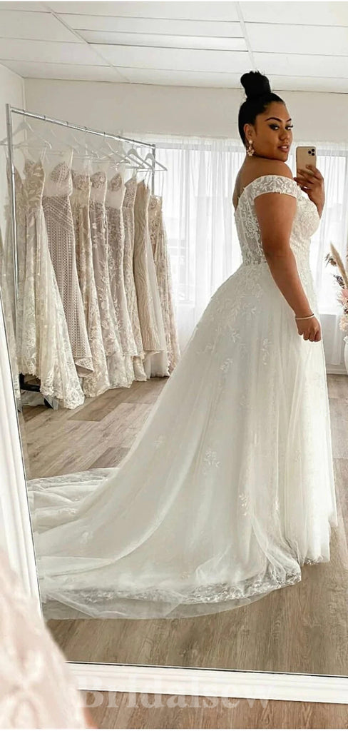 Plus Size A-line Wedding Dresses V Neck Long Sleeves Lace Applique Bridal  Gowns 