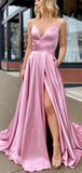 Popular Long A-line Simple V-Neck Modest Evening Prom Dresses with Slit PD234