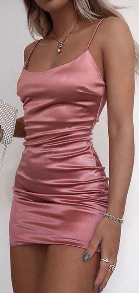 Popular Mermaid Modest Spaghetti Straps Pink Simple Short Homecoming Dresses HD012