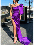 Purple Long Mermaid Stylish One shoulder Satin Modest Elegant Evening Prom Dresses PD937
