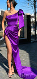 Purple Long Mermaid Stylish One shoulder Satin Modest Elegant Evening Prom Dresses PD937