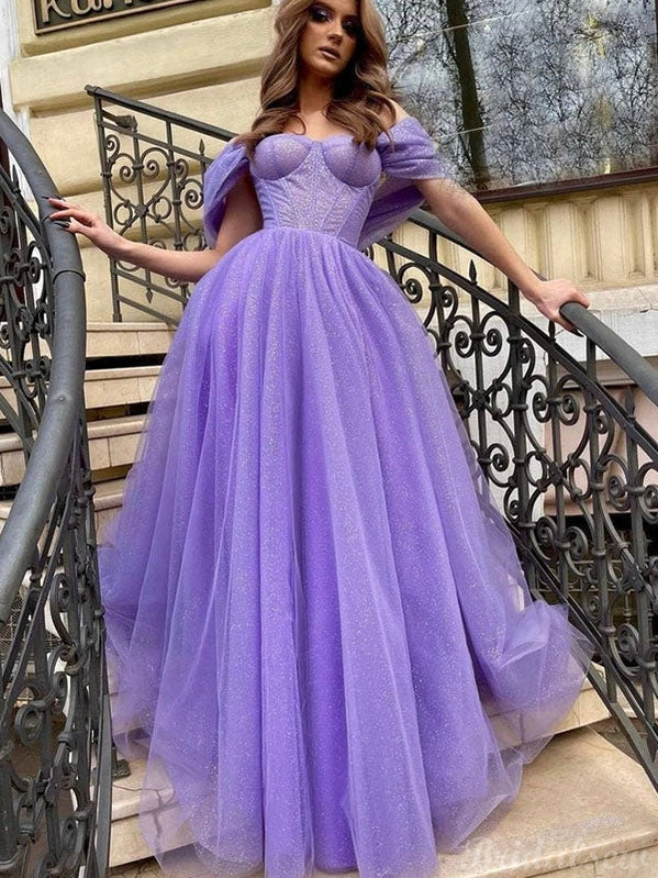 Purple Off the Shoulder A-line Sparkly Tulle Modest Party Long Prom Dresses PD362