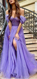 Purple Off the Shoulder A-line Sparkly Tulle Modest Party Long Prom Dresses PD362